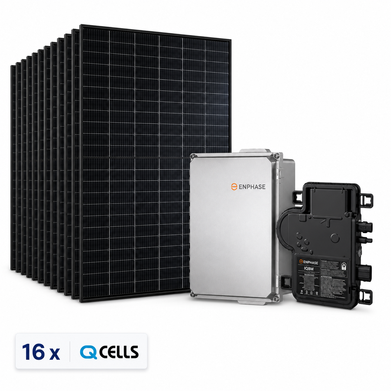 A stack of 16 QCells solar panels shown next to an Enphase inverter and an open rear view of the inverter, with a '16 x QCells' badge at the bottom left on a white background.