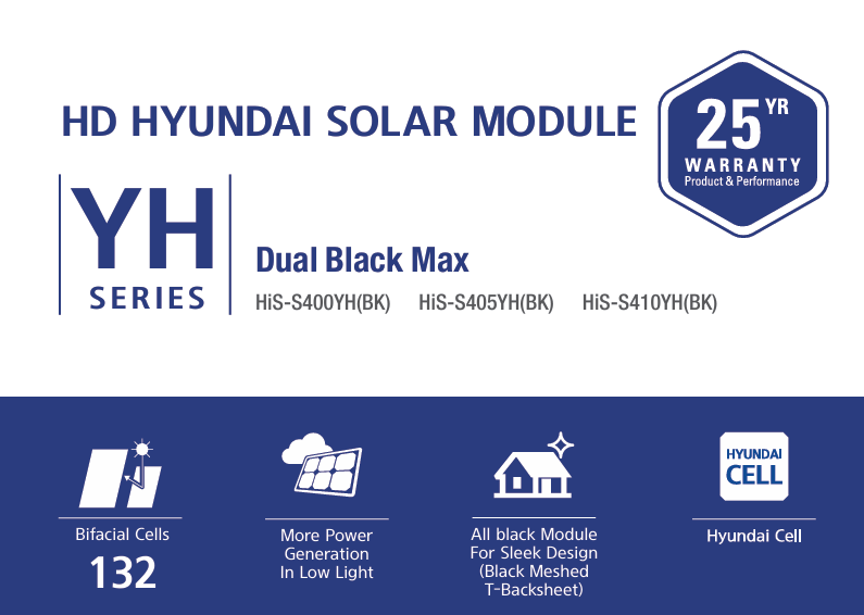 Hyundai Energy Solutions 410W YH Series HiS-S410YH(BK) 132 Half Cell Black on Black Solar Panel