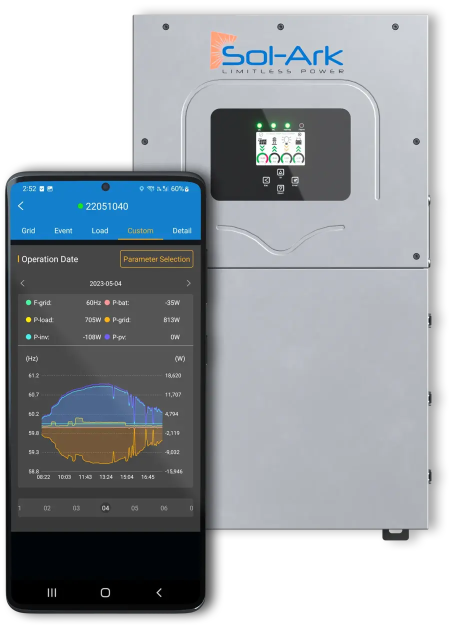 Sol-Ark 15K hybrid inverter with real-time monitoring app showing live solar system performance