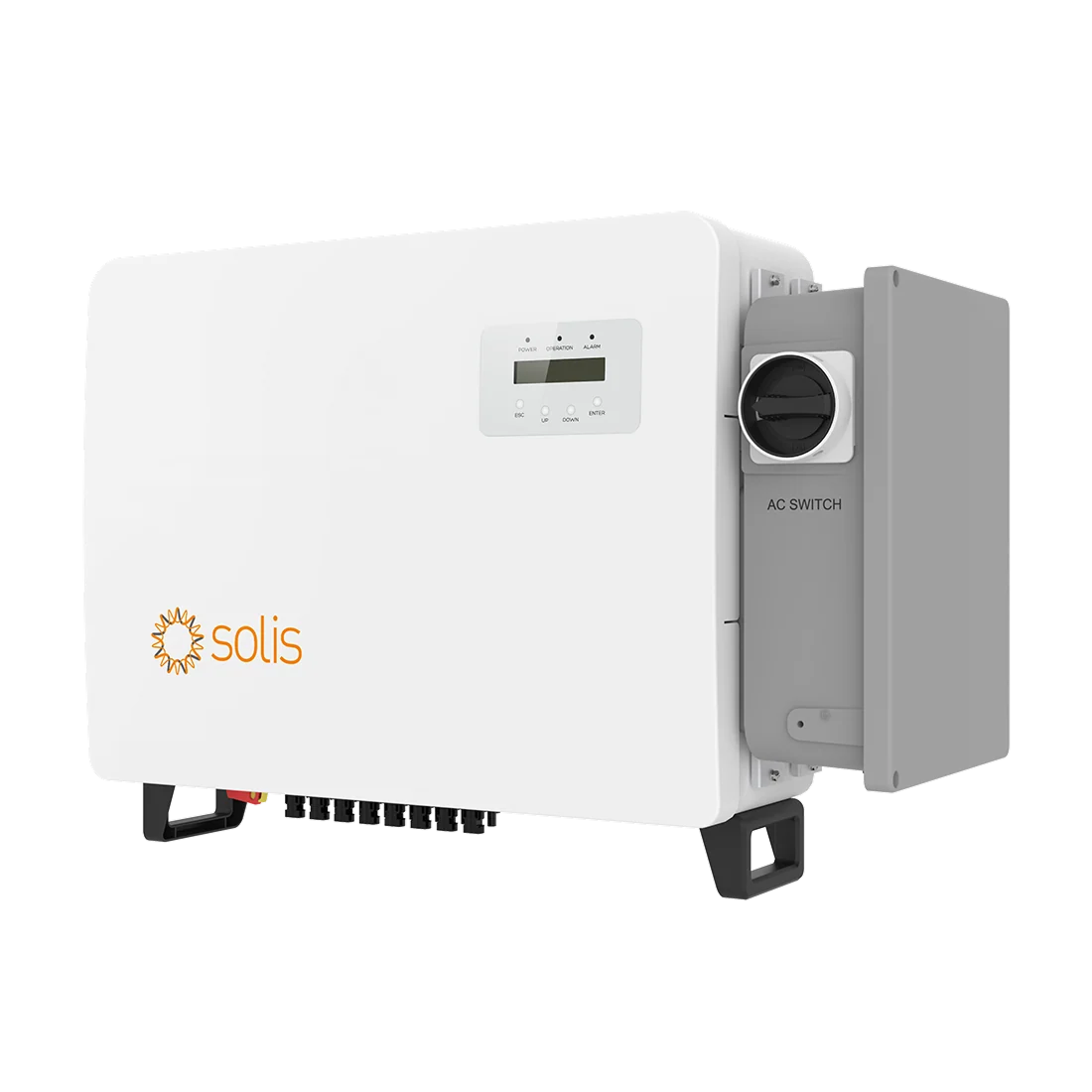 A Solis solar power inverter system shown from a three-quarter angle against a solid white background. The main unit is white with an orange and yellow 'solis' logo on the front left, featuring a small digital display screen and black feet.