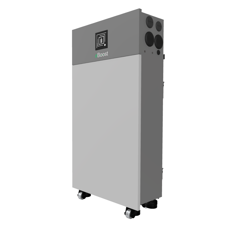 Angled side view of Fortress Power eBoost battery with top display panel, side ports, and rolling casters for mobility.