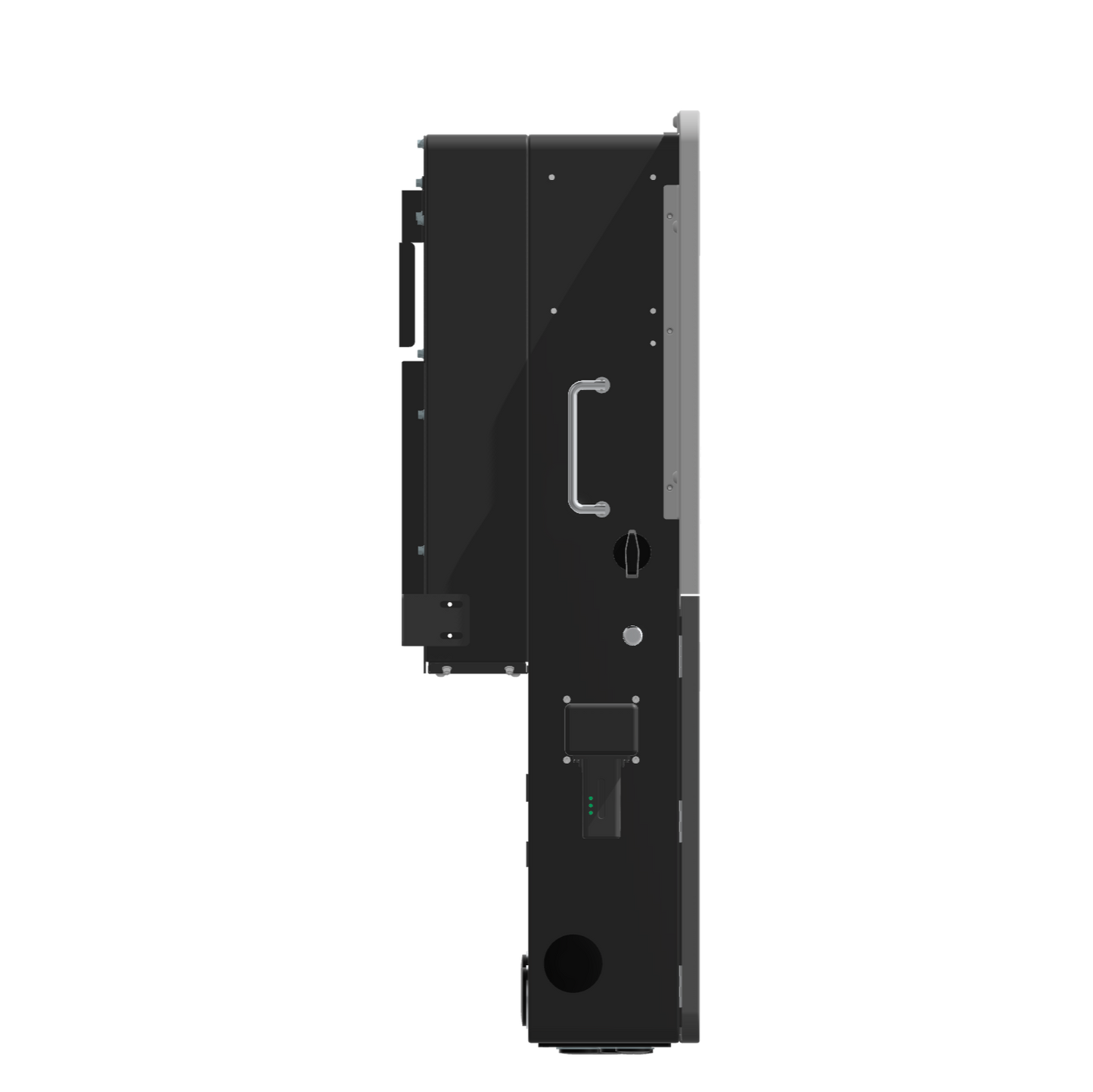 Black electronic device with a handle on a white background