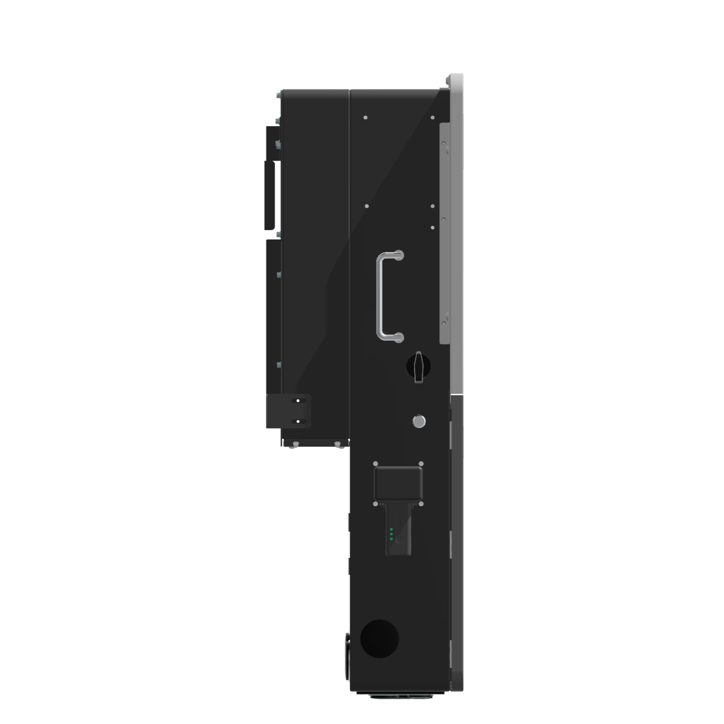 Black electronic device with a handle on a white background