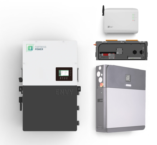 Fortress Power Plug-and-Play Solar Storage System featuring the Envy 12 kW hybrid inverter, eForce 9.6 kWh battery, eWay base, and Guardian Gateway for smart monitoring and extended 15-year battery warranty.