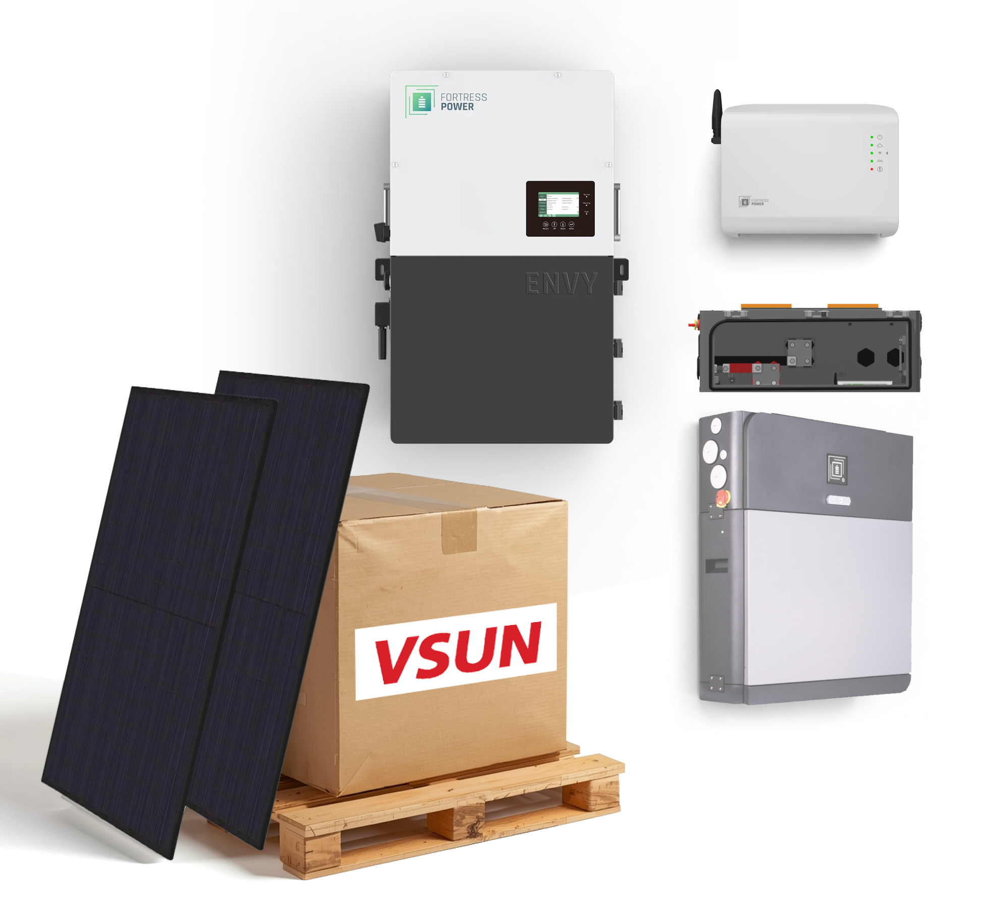 Fortress Power and VSUN 450W solar bundle including Fortress Envy 12kW inverter, eForce 9.6 kWh battery, eWay communication module, Guardian Gateway with extended warranty, and a pallet of VSUN 450W solar panels.