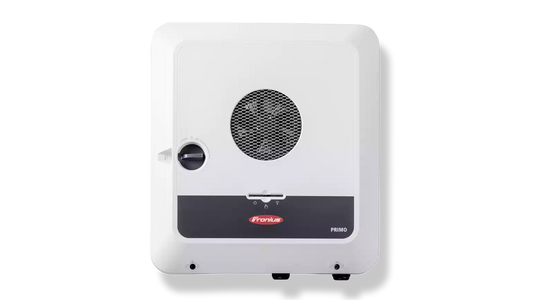 Fronius Primo GEN24 hybrid inverter front view with display and backup power port for 208/240V single-phase systems