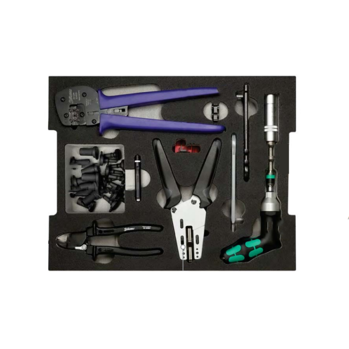 Staubli MC4 Tool Kit 32.6128-22100 with crimping, stripping, cutting, and testing tools for MC4 solar connector assembly