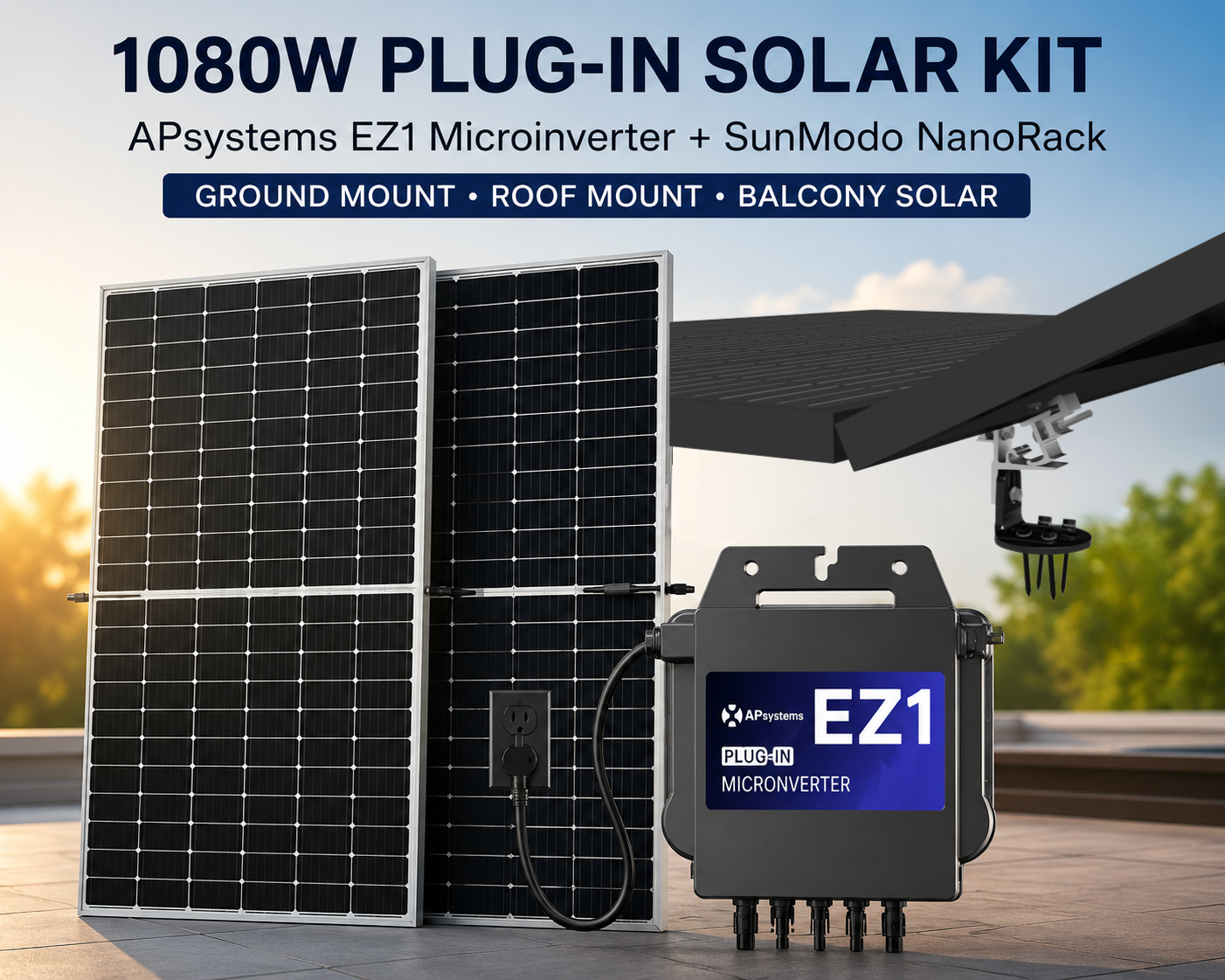 1080W plug-in solar kit with solar panels and microinverter on a rooftop.