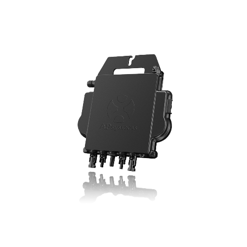 A black plastic electronic module with multiple connector pins at the bottom and an embossed logo reading 'APsystems' on the front, shown on a clean white background with a faint reflection below.