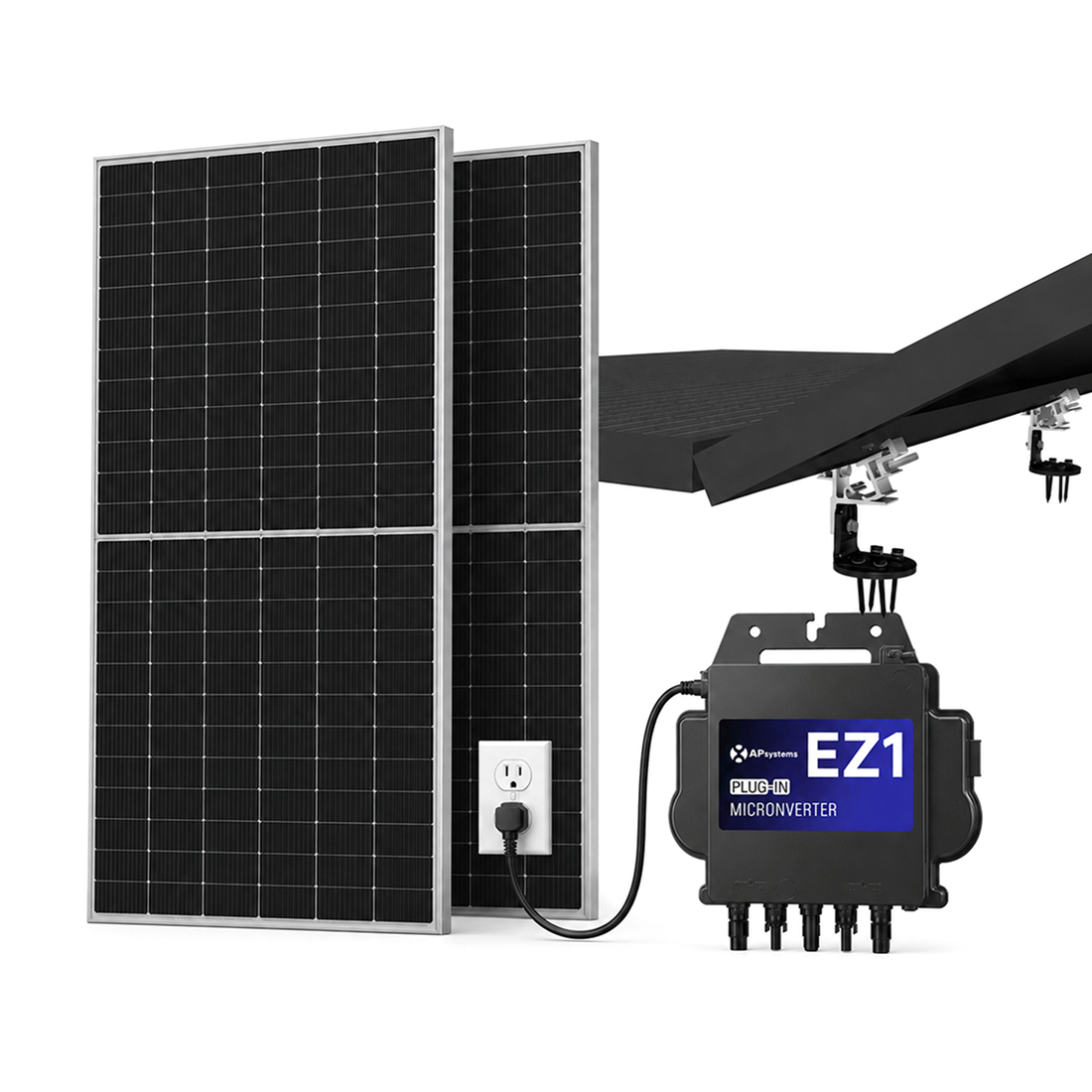 1180W plug-in solar roof kit with two HanerSun 590W bifacial panels, APsystems EZ1 microinverter, power cord and SunModo NanoRack mounting.