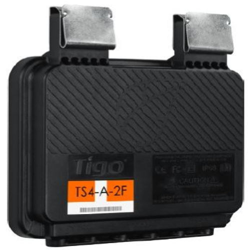A black Tigo TS4-A-2F electrical fuse holder with two metal terminal clips on top, shown against a plain white background.