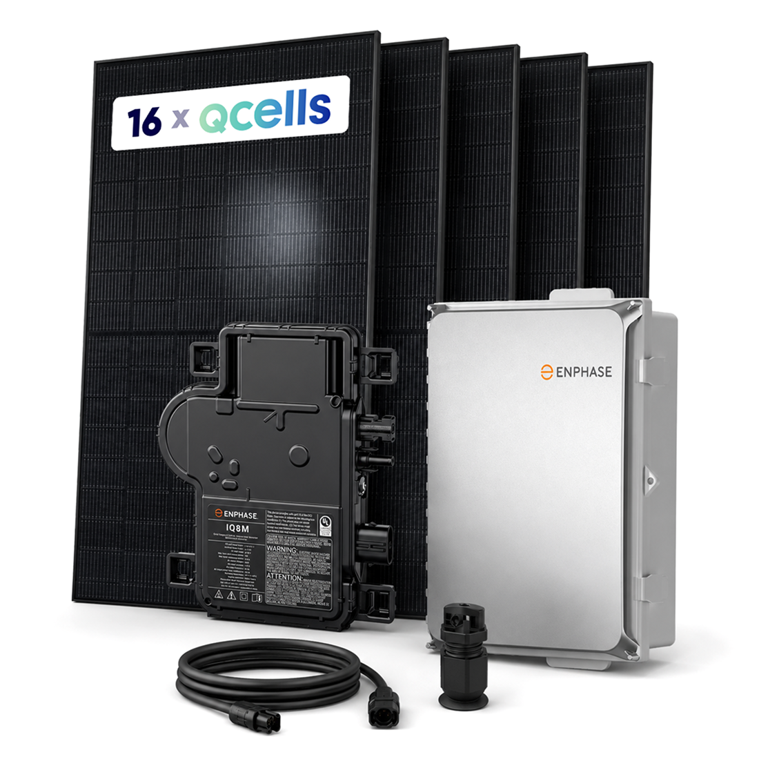 6.88kW Enphase grid-tied solar kit with 16 Qcells 430W N-Type solar panels, 16 IQ8MC microinverters, IQ Combiner 5, and installation cabling.
