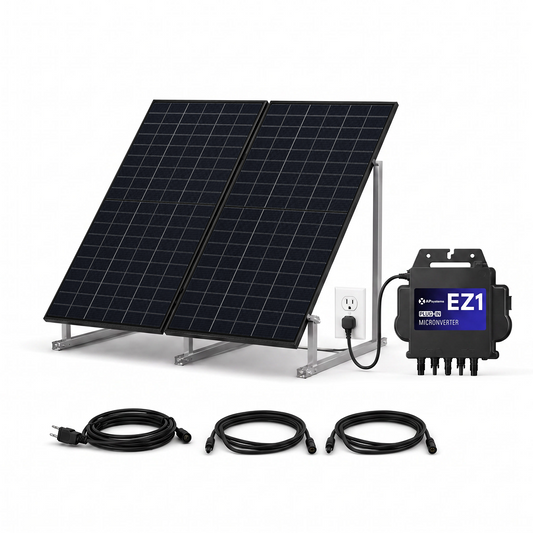 Solar power system kit featuring two black solar panels on a silver metal ground mount rack, a black EZ1 microinverter, three black cables, and a white wall outlet connector, shown on a clean white background.
