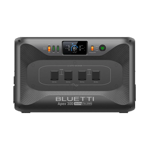 Bluetti Apex 300 portable power station, front view showing display screen, outlets, and control buttons on a transparent background