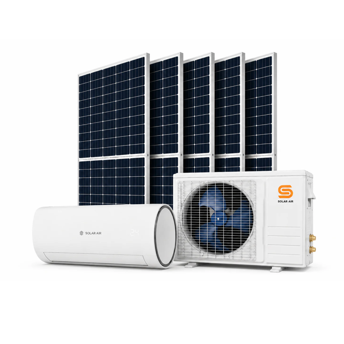 SOLAR AIR solar heating and cooling system kit featuring four dark blue solar panels, a white outdoor heat pump condenser, and a white cylindrical storage tank on a solid white background.