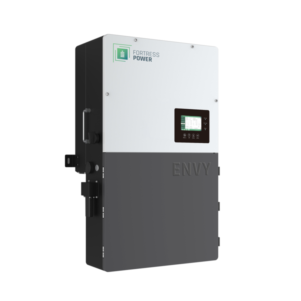 Fortress Power Envy True 12kW hybrid inverter with LCD display, wall-mounted design, and white and gray casing.