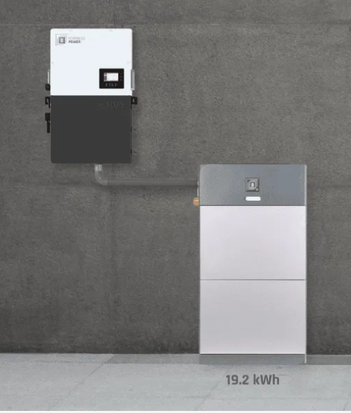 Two battery storage units against a gray wall, with one labeled 19.2 kWh.