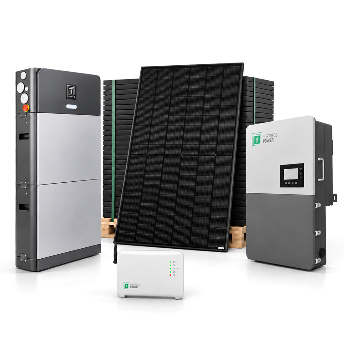 A 16.38kW Solar Kit with 19.2kWh Fortress Power Battery Storage including a large black solar panel, a gray and black battery storage unit, a smaller gray and black inverter, and a small white control box, arranged on a white studio background.