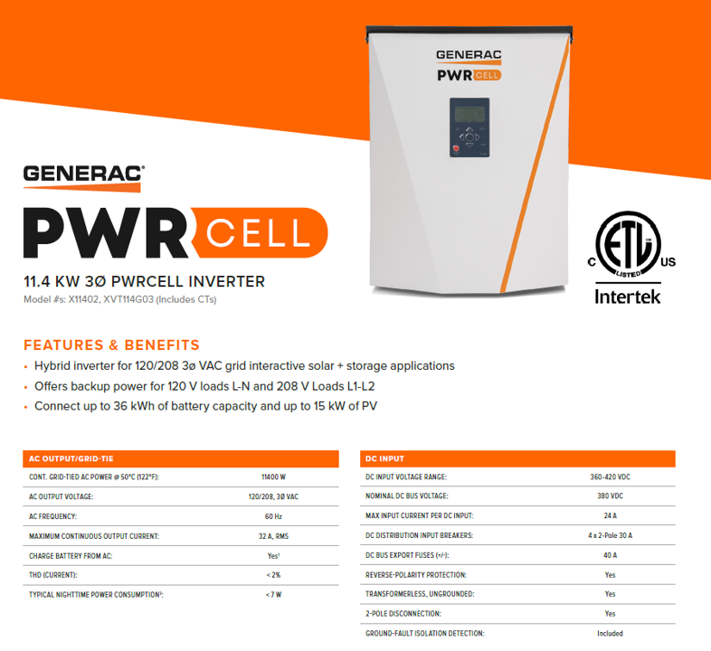 Generac, XVT114G03, Pwrcell, Battery Inverter (W/ CTs), Grid Tie, 11400w, 3p-120/208vac, Storage