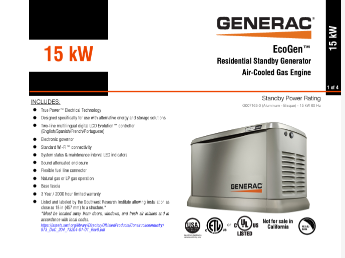 Generac Ecogen 7163 15.0KW Off-grid Standby Generator with WIFI