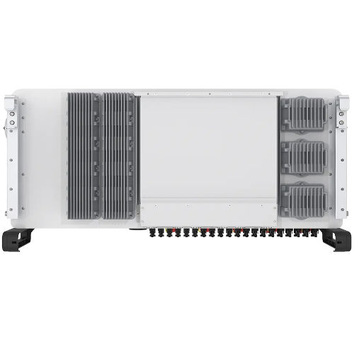 Rectangular electronic device with cooling fins on a white background