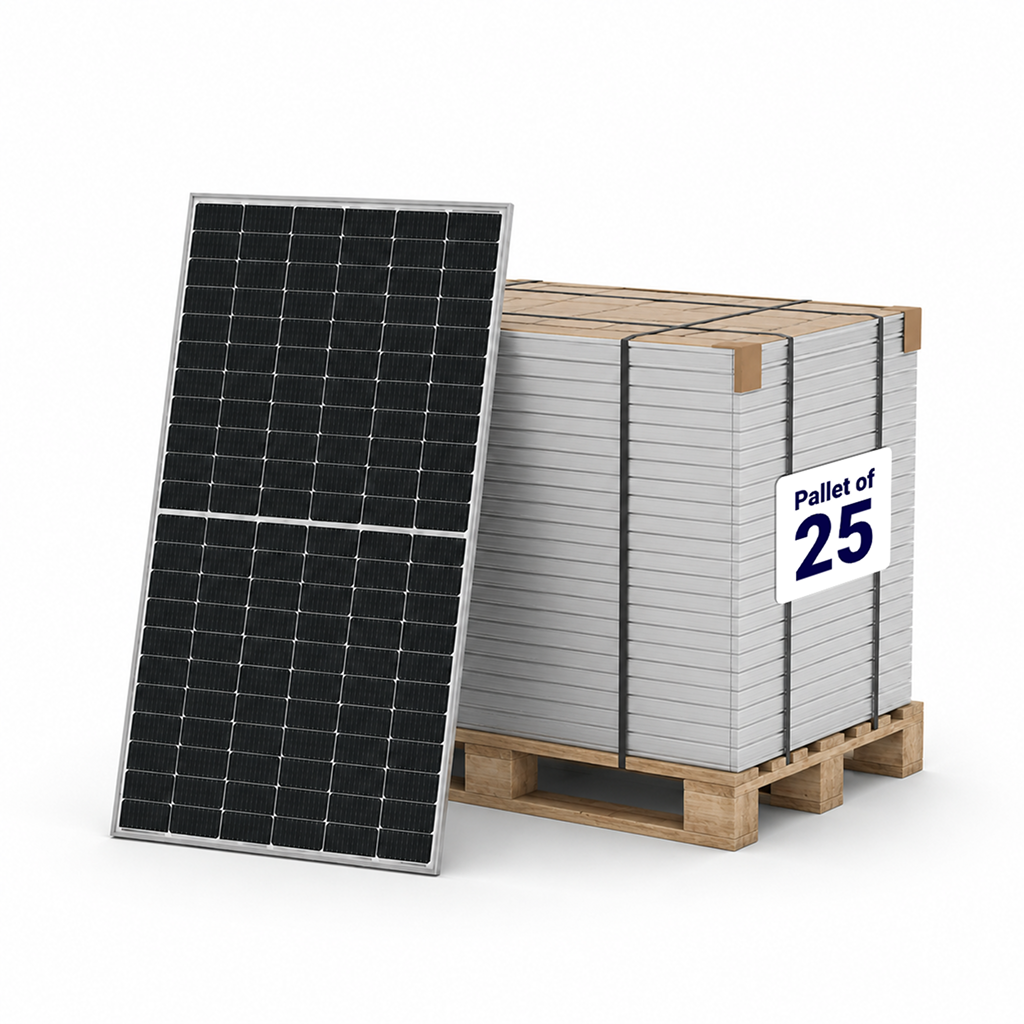 Solar panel next to a pallet labeled 'Pallet of 25' on a white background