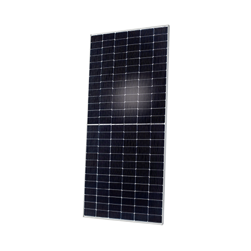 A rectangular solar panel with a silver frame and dark blue photovoltaic cells, shown at an angle on a plain white background.