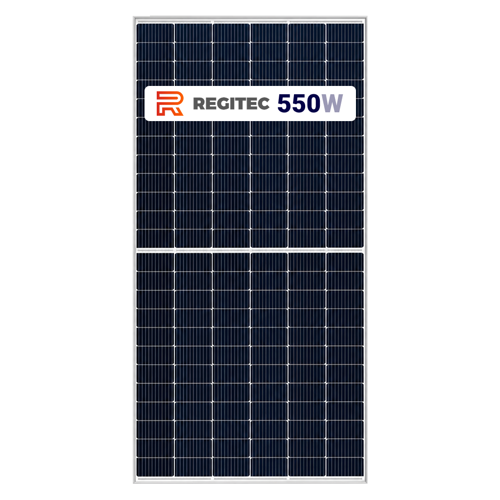 A Regitec 550W solar panel with a dark blue photovoltaic grid and a white border, shown against a plain white background.