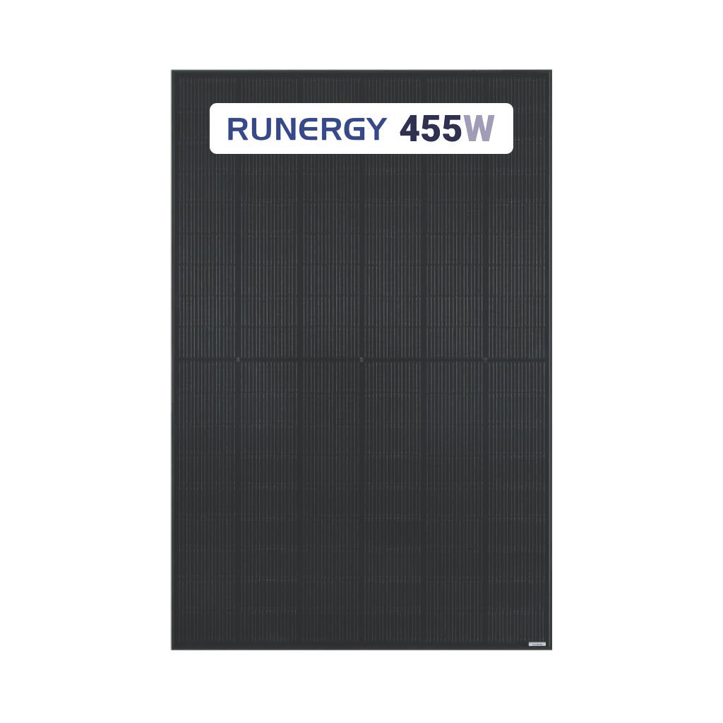 A single RUNERGY 455W solar panel shown vertically against a plain white background.