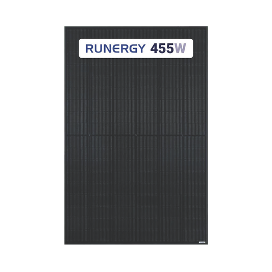 A single RUNERGY 455W solar panel shown vertically against a plain white background.