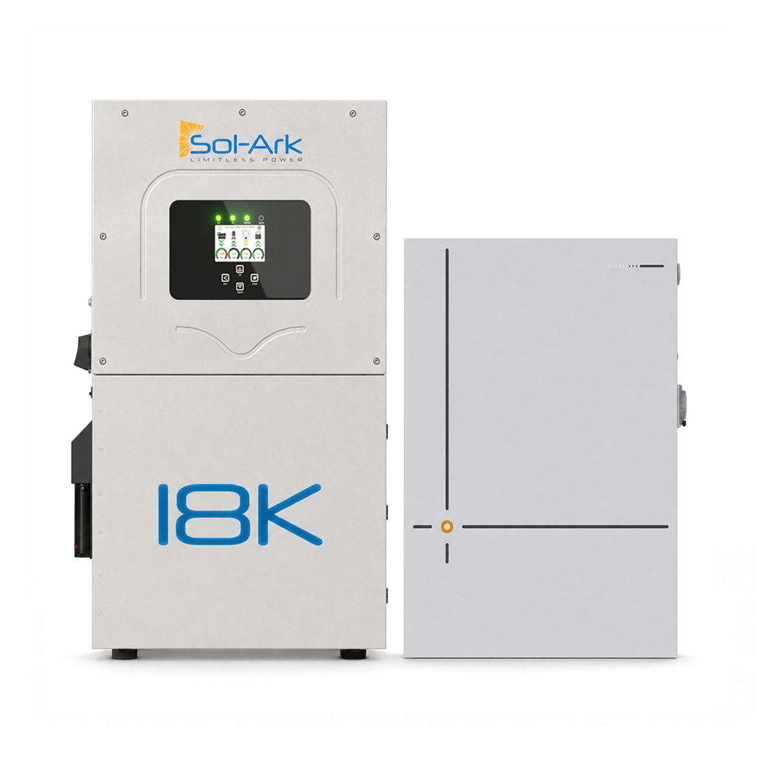 Sol-Ark 18K hybrid inverter with one Pytes V16 16kWh home battery for solar energy storage and backup power.
