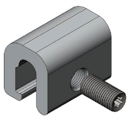 A 3D CAD rendering of a metal U-shaped bracket with a threaded bolt protruding from one side, shown on a plain white background.
