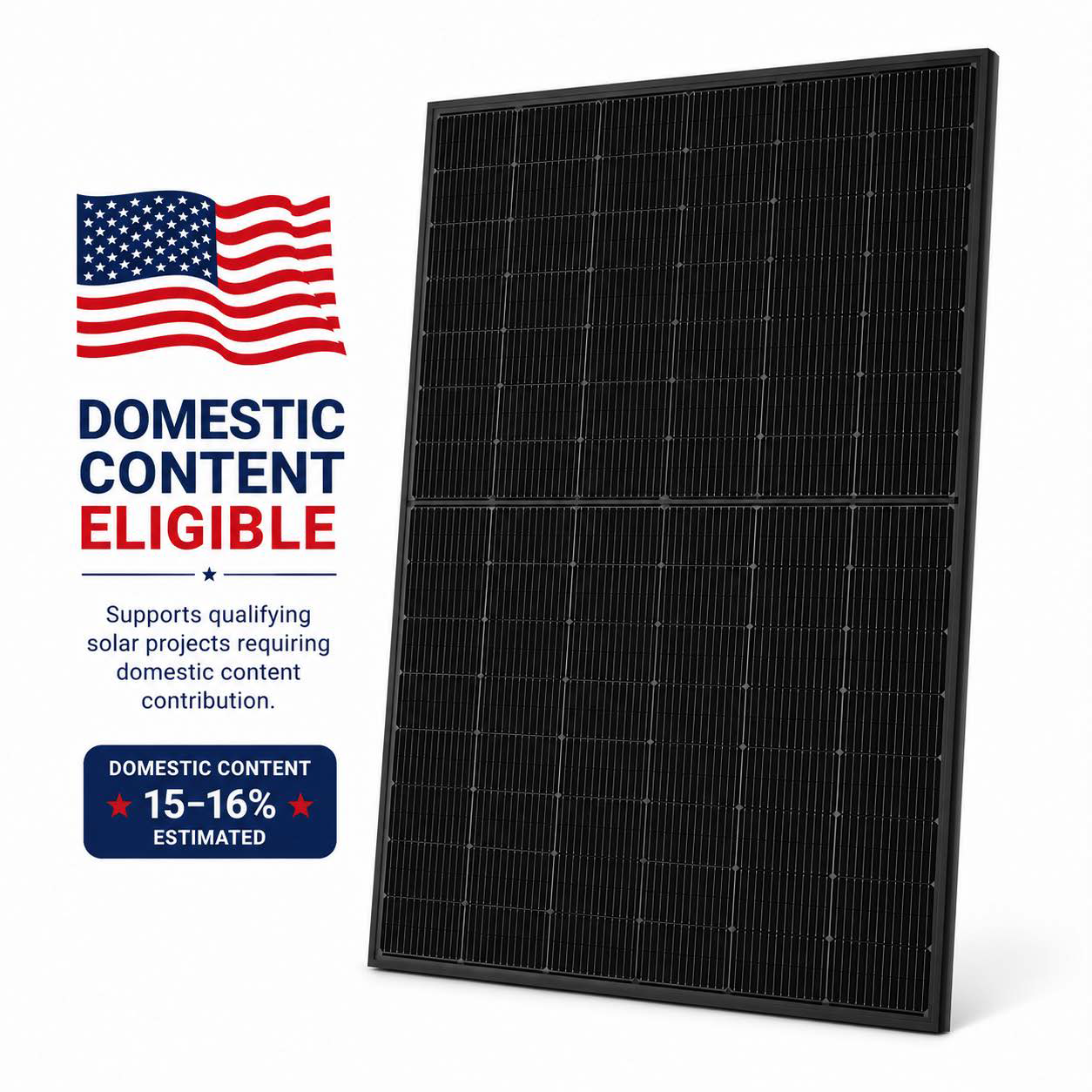 AMPS 410W All Black Solar Panel AMPS-410P-54BB with Domestic Content Eligible badge and US flag