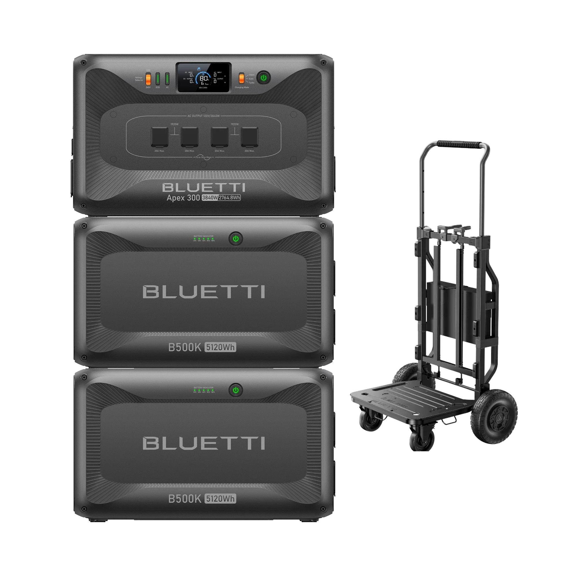 BLUETTI Apex 300 portable power station with two B500K 5.12kWh expansion batteries and transport cart for backup and off-grid energy storage