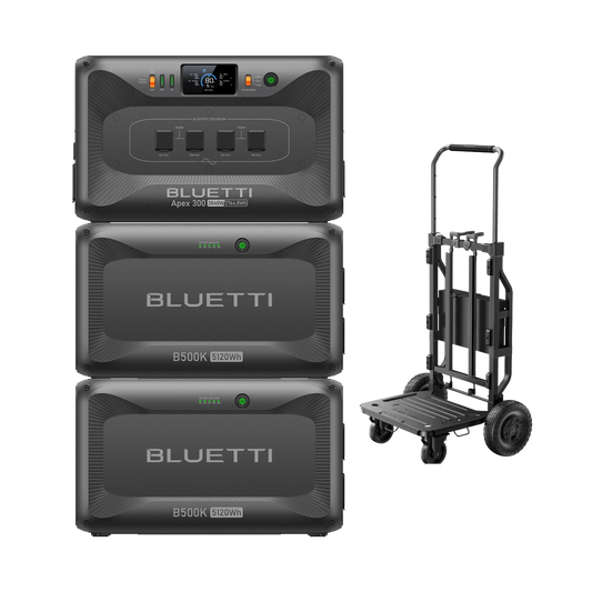 BLUETTI Apex 300 portable power station with two B500K 5.12kWh expansion batteries and transport cart for backup and off-grid energy storage
