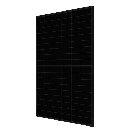 Angled view of Canadian Solar 455W CS6.1-54TM-455 all black solar panel with 108 TOPCon cells, transparent background