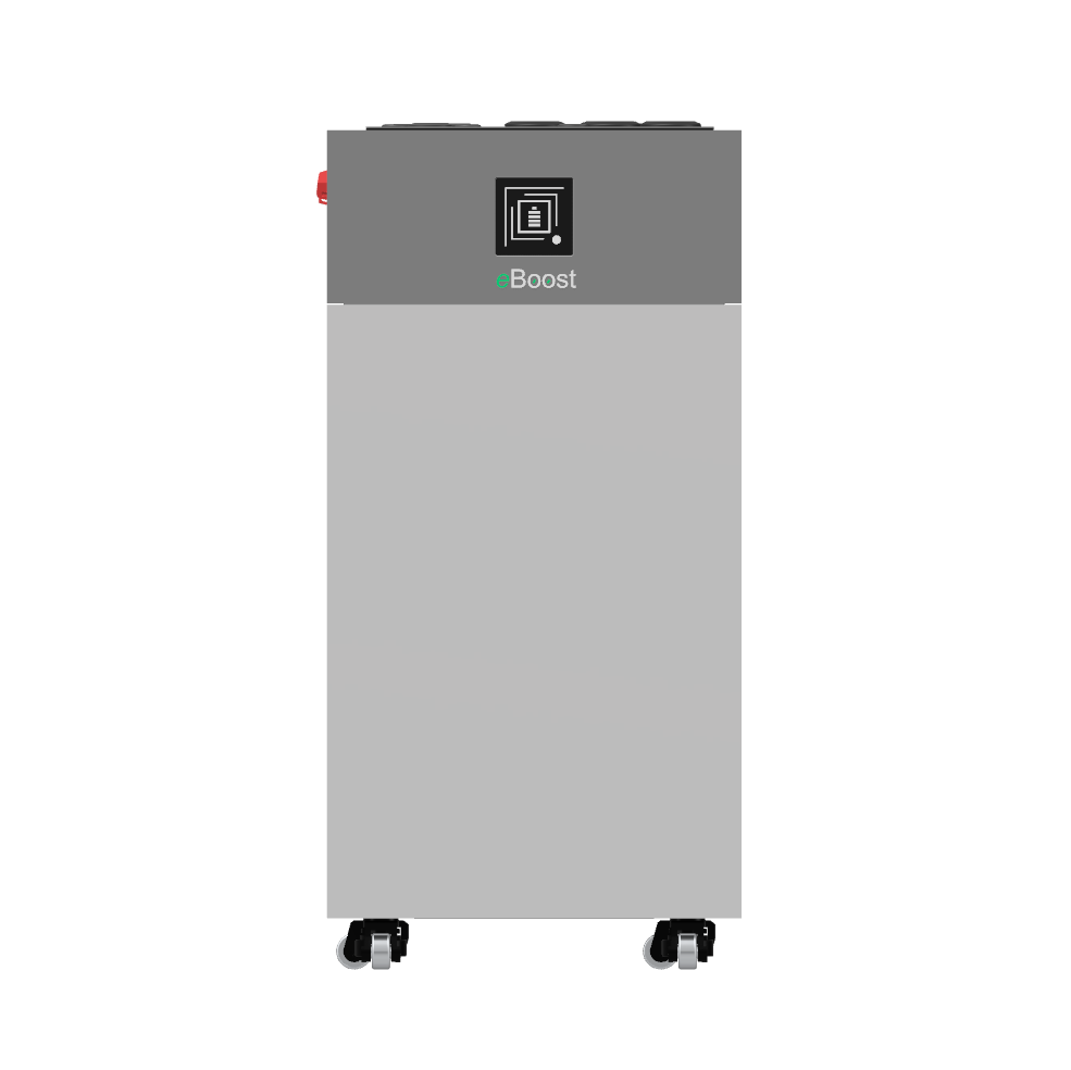 Fortress Power eBoost battery unit with front display panel and wheels, designed for residential and commercial energy storage.