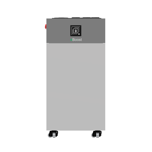 Fortress Power eBoost battery unit with front display panel and wheels, designed for residential and commercial energy storage.