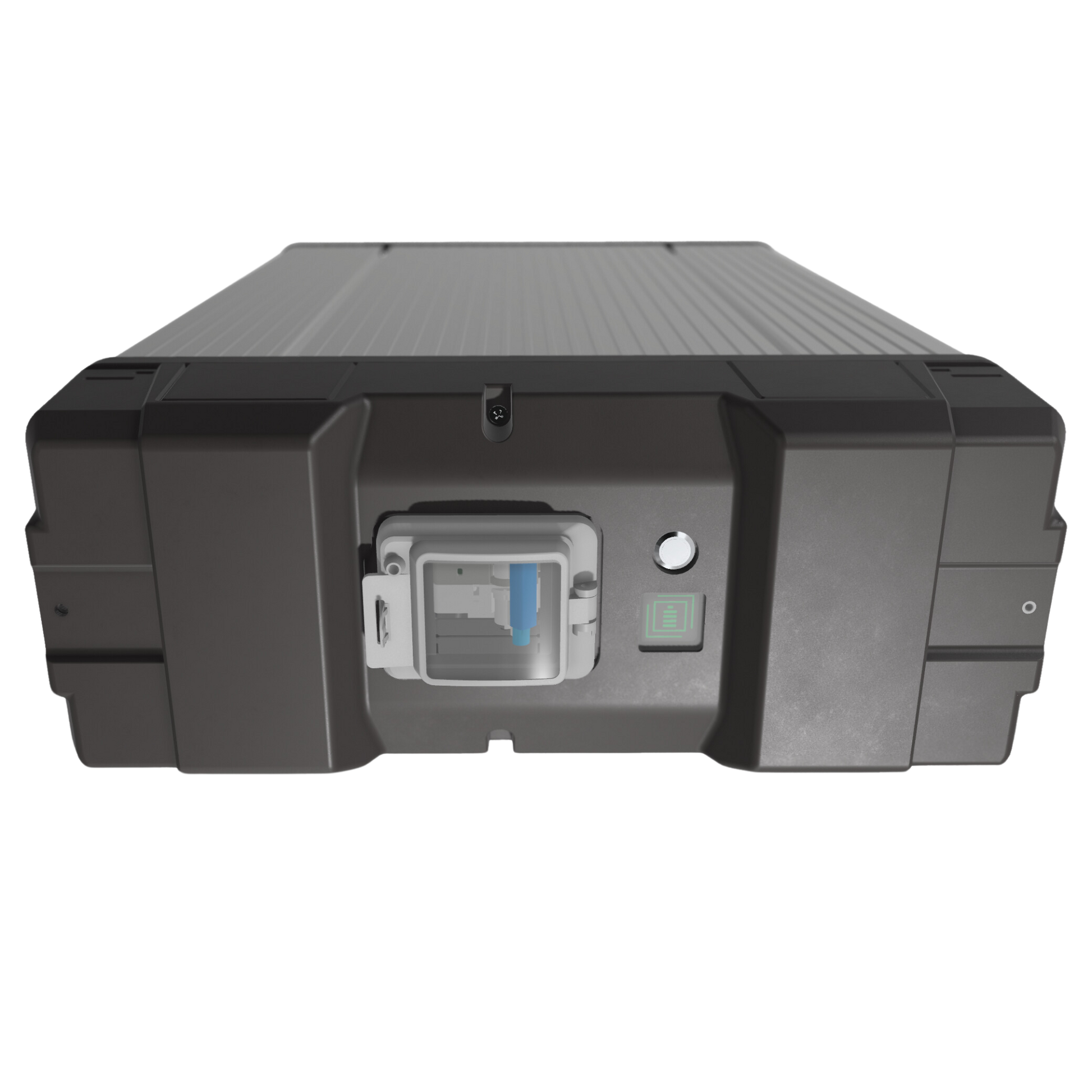 Black battery with a textured surface on a white background