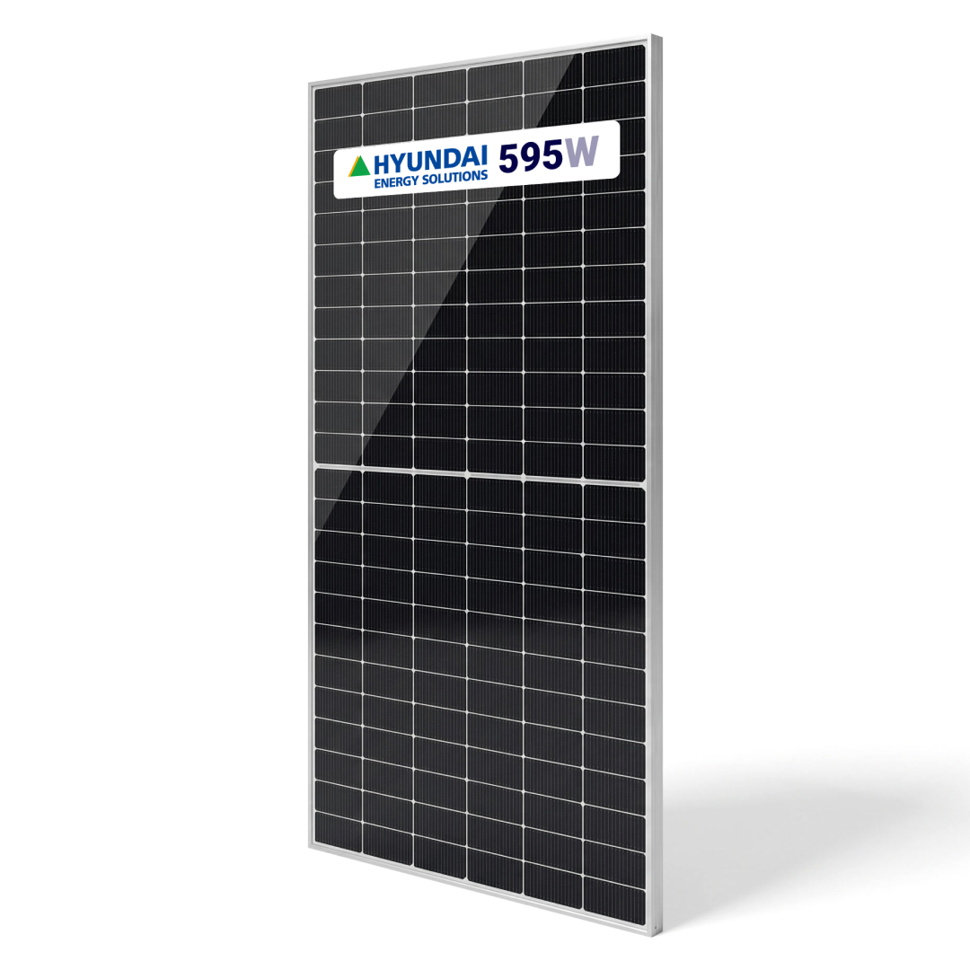Front view of Hyundai HiN-T595NI 595W N-Type TOPCon bifacial solar panel with silver frame.