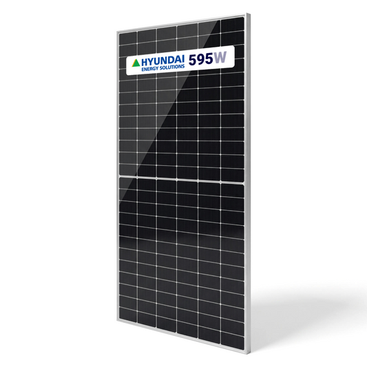 Front view of Hyundai HiN-T595NI 595W N-Type TOPCon bifacial solar panel with silver frame.