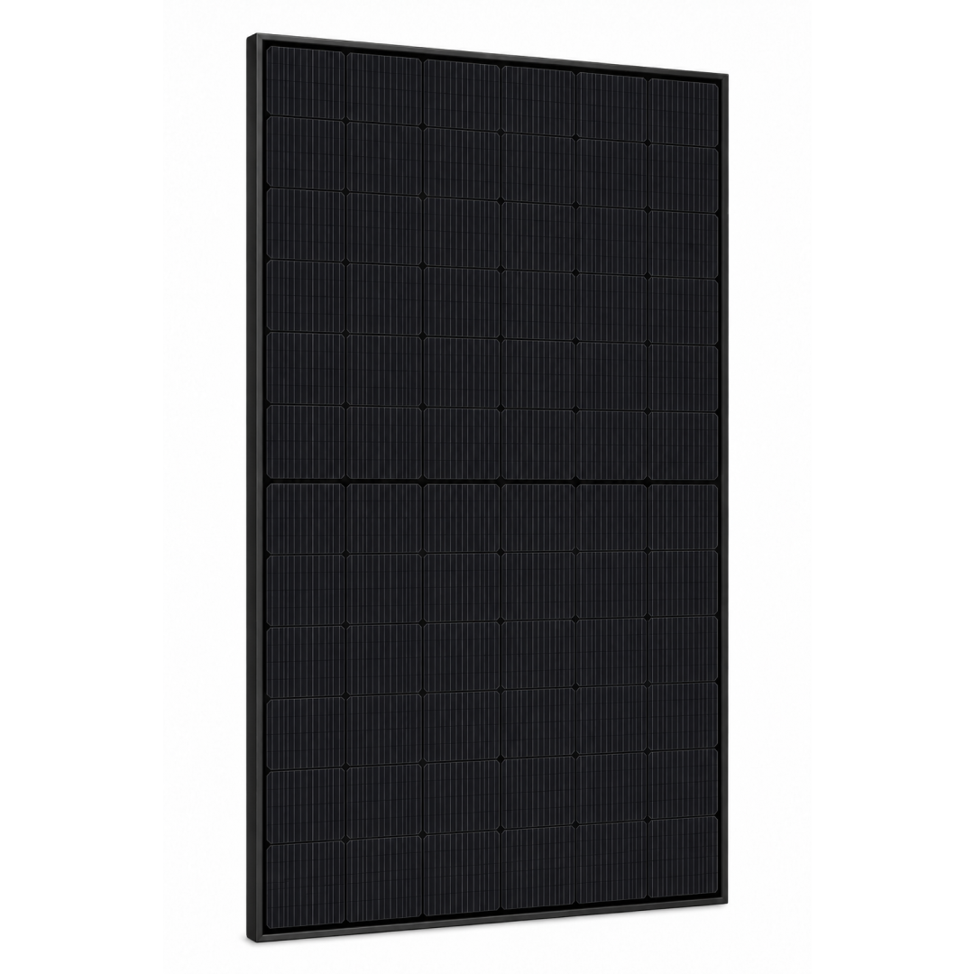 Meyer Burger Black 385W monocrystalline solar panel front view with all-black design and high-efficiency solar cells.