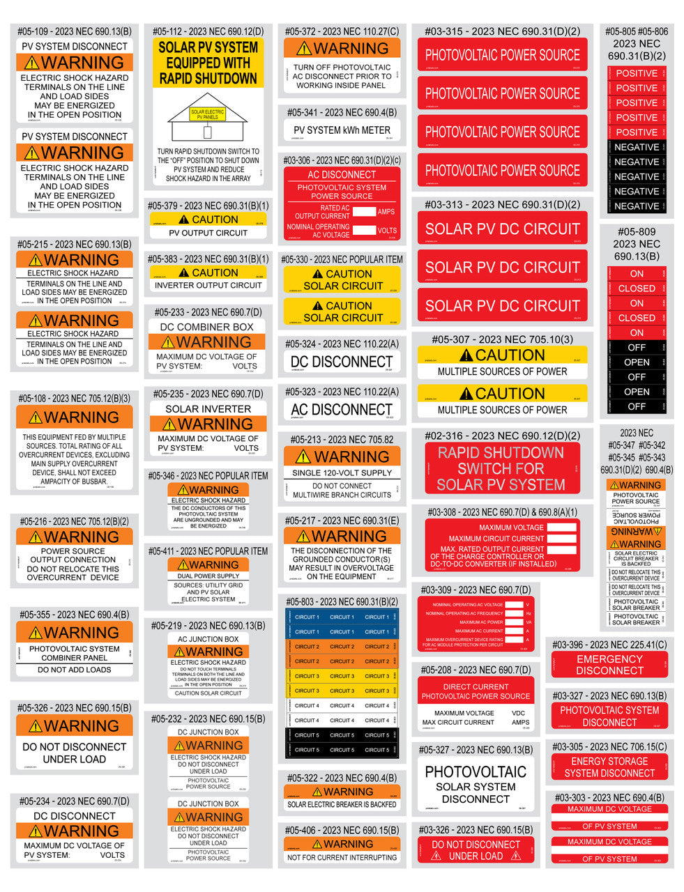 PV Labels 2023 NEC Stickers SOLAR VALUE PACK 88 pcs 05-523