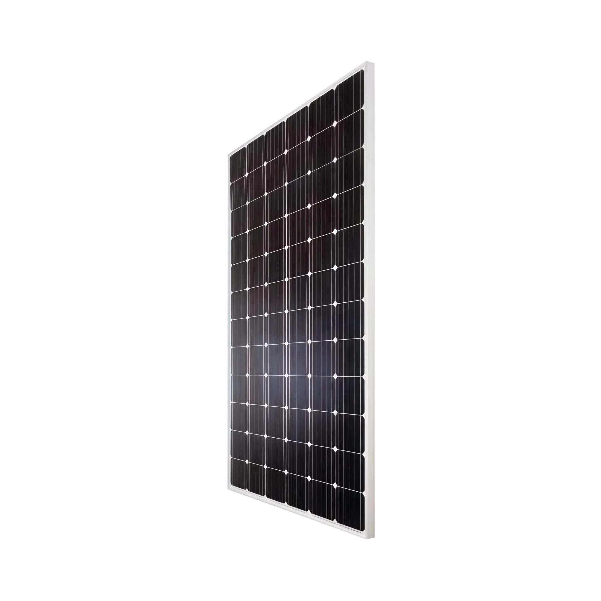 Angled view of a Boviet 385W monocrystalline solar panel on a white background
