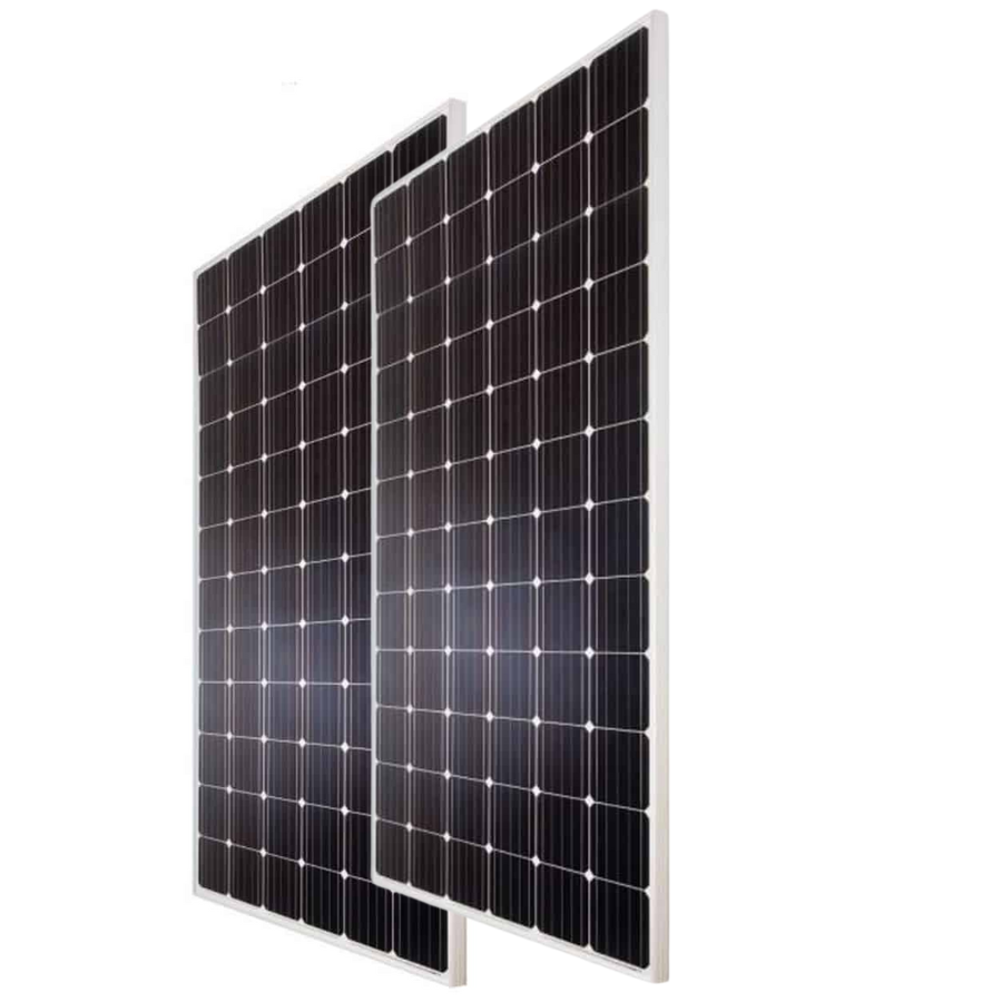 Two angled Boviet 385W monocrystalline solar panels on a white background