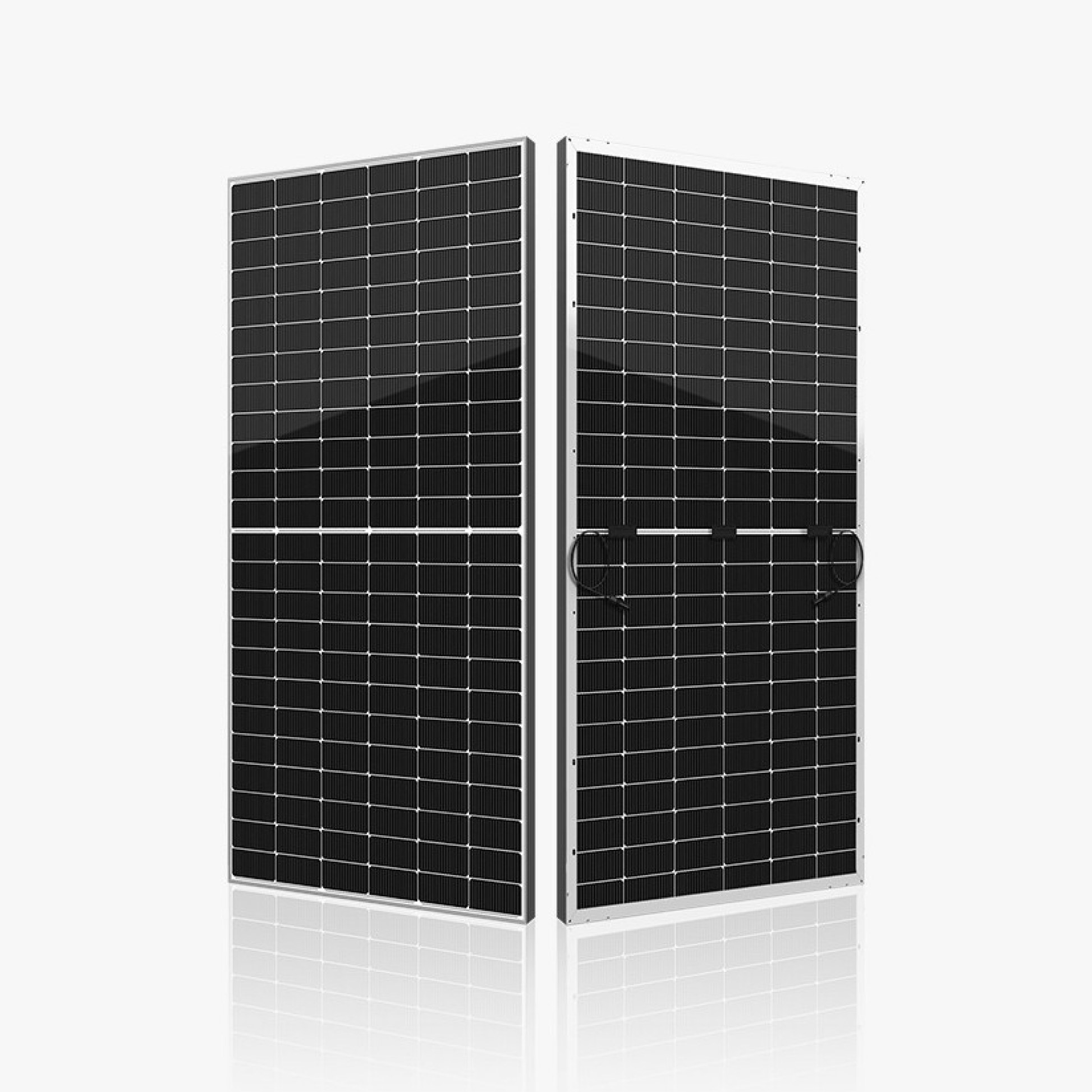 Two Seraphim 590W bifacial solar panels side by side on a white background