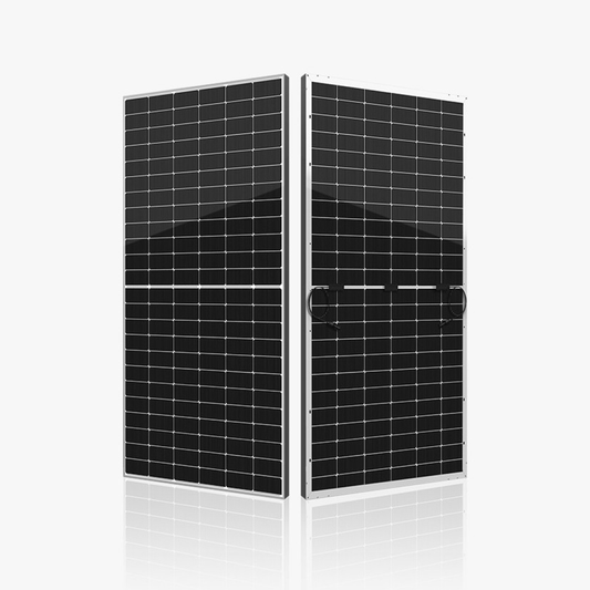 Two Seraphim 590W bifacial solar panels side by side on a white background