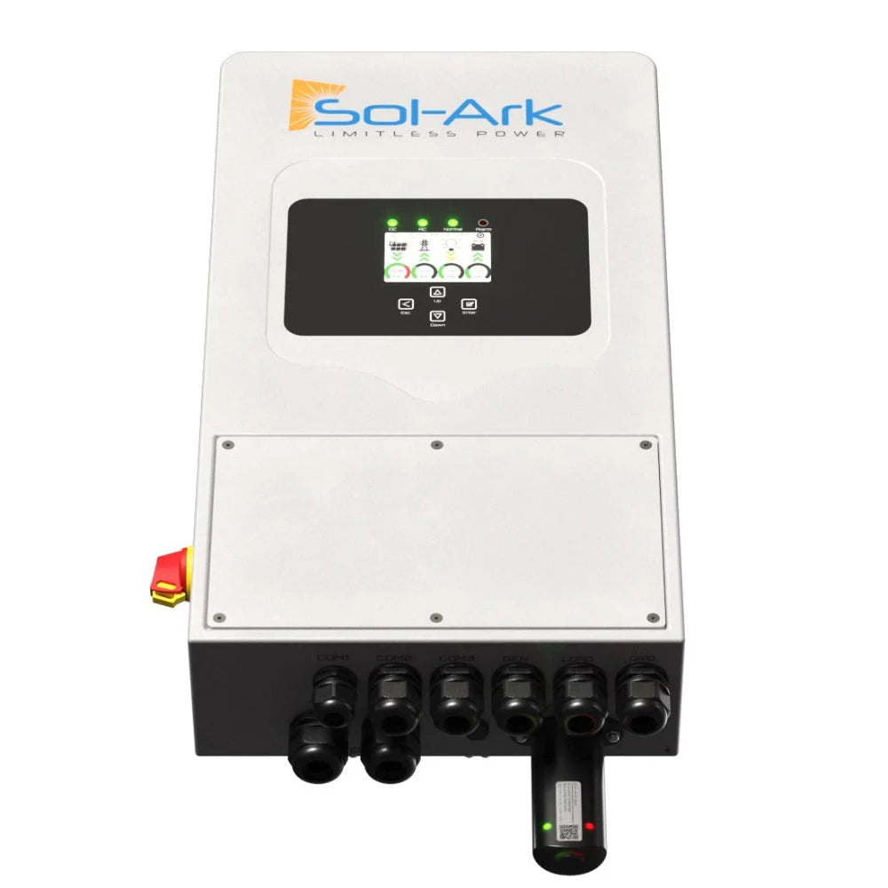 Sol-Ark 5K-1P 5kW single-phase hybrid inverter front view showing LCD display and bottom wiring terminals