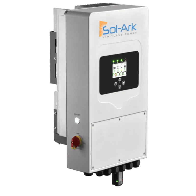 Sol-Ark 5K-1P 5kW single-phase hybrid inverter shown at angled side view with touchscreen display and integrated disconnect switch