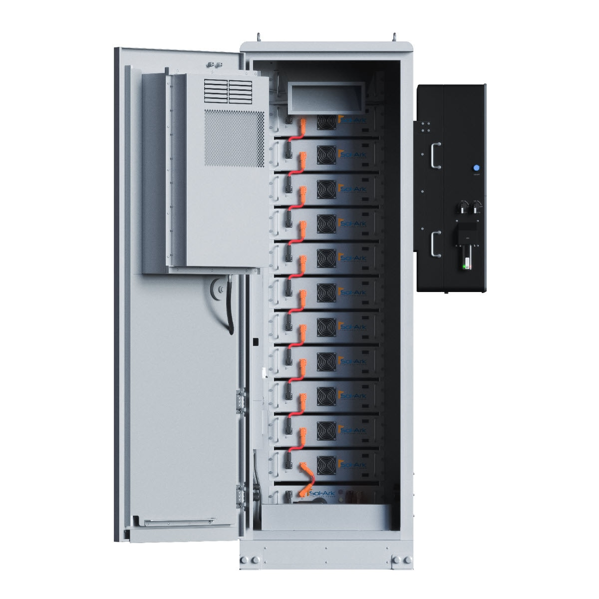 Sol-Ark L3 HVR-60 outdoor battery cabinet with internal battery modules visible